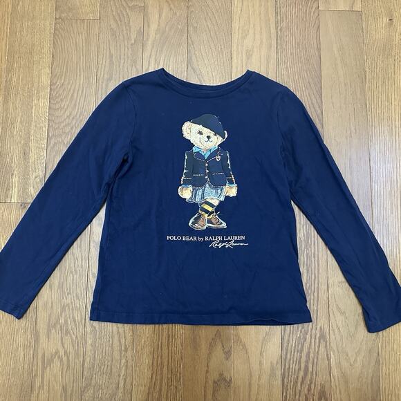Polo Ralph Lauren Polo Bear Long Sleeve T Shirt Girls Size Small 7 Blue Preppy - Picture 1 of 6